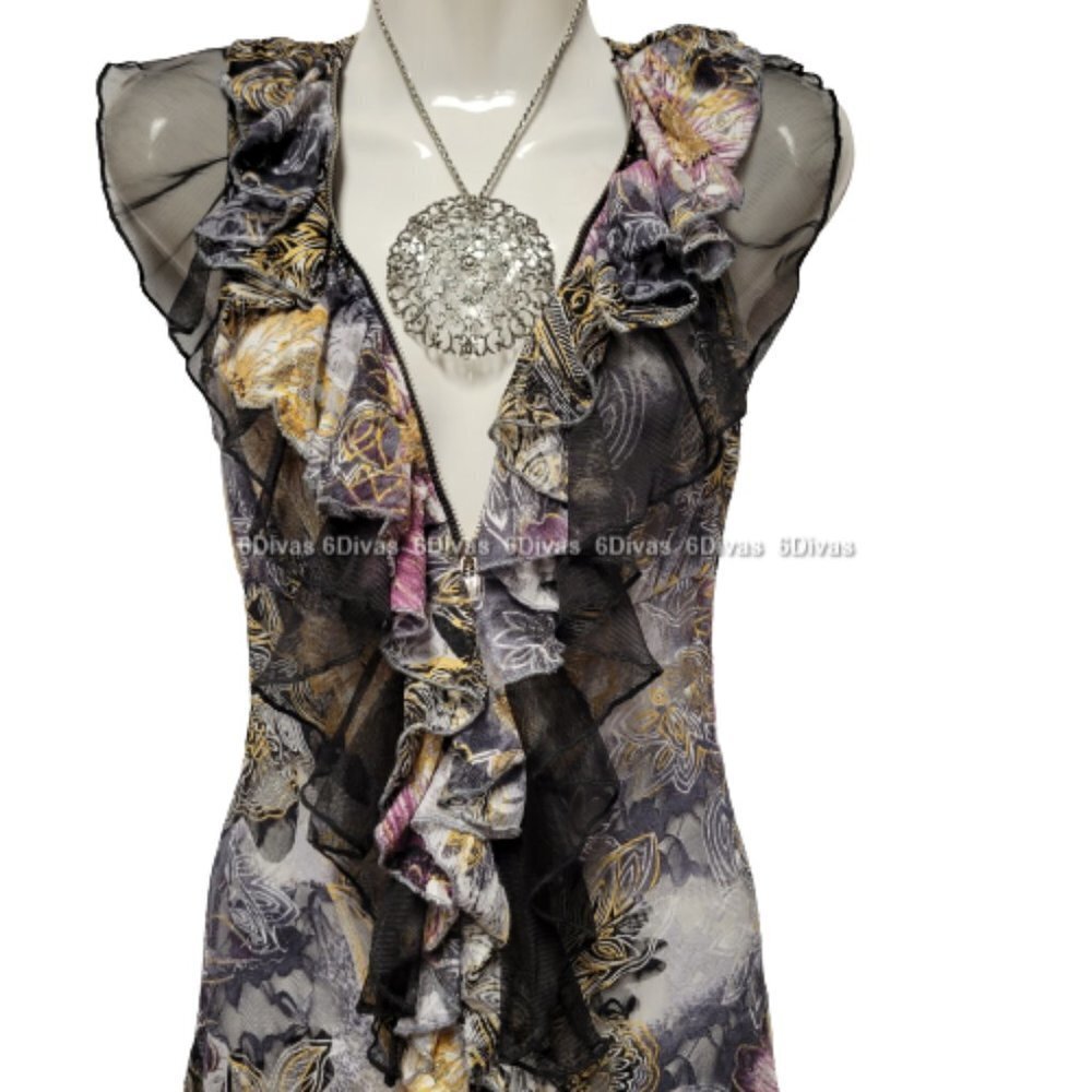Sheer See Through Grey and Black Ruffle Frilly Sleeveless Mini Dress - Picture 2 of 10